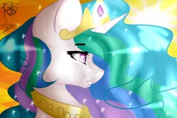 Size: 1024x683 | Tagged: safe, artist:party-pieyt, artist:prettyshinegp, derpibooru import, princess celestia, alicorn, pony, bust, collaboration, female, mare, portrait, signature, smiling, solo, sun, sunset