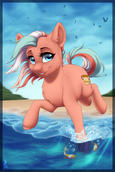 Size: 800x1200 | Tagged: safe, artist:silentwulv, derpibooru import, oc, oc:classic copper, unofficial characters only, earth pony, fish, pony, beach, female, mare, ocean, running, solo, water