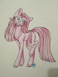 Size: 2448x3264 | Tagged: safe, artist:immagoddampony, derpibooru import, pinkie pie, pony, female, head tilt, high res, pinkamena diane pie, raised leg, smiling, solo, teeth, traditional art