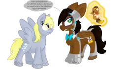 Size: 1024x576 | Tagged: safe, artist:usagi-zakura, derpibooru import, derpy hooves, oc, oc:mister clever, pegasus, pony, chibi angel doctor, doctor who, eleventh doctor, female, male, mare, simple background, stallion, transparent background