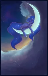 Size: 3750x5850 | Tagged: safe, artist:ardail, derpibooru import, princess luna, alicorn, pony, absurd resolution, cloud, color porn, crescent moon, ear fluff, eyes closed, eyeshadow, female, galaxy mane, makeup, mare, moon, night, ponytail, prone, sleeping, smiling, solo, stars, tangible heavenly object, transparent moon, twilight (astronomy)