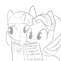 Size: 1080x1080 | Tagged: safe, artist:tjpones, derpibooru import, derpy hooves, starlight glimmer, twilight sparkle, twilight sparkle (alicorn), alicorn, pony, unicorn, blushing, book, cuddling, dialogue, duo, duo female, female, friendshipping, glasses, grayscale, imminent snuggles, mare, misspelling, monochrome, nervous, platonic, platonic cuddling, reading, simple background, white background