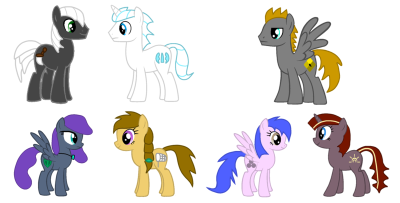 Size: 1392x706 | Tagged: safe, artist:platinumdrop, derpibooru import, oc, oc:circle wing, oc:emerald bolt, oc:ice fury, oc:platinumdrop, oc:plow, oc:sharp smack, oc:sweet nugget, unofficial characters only, earth pony, pegasus, pony, unicorn, female, male, mare, simple background, stallion, transparent background