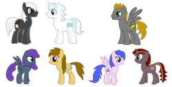 Size: 1392x706 | Tagged: safe, artist:platinumdrop, derpibooru import, oc, oc:circle wing, oc:emerald bolt, oc:ice fury, oc:platinumdrop, oc:plow, oc:sharp smack, oc:sweet nugget, unofficial characters only, earth pony, pegasus, pony, unicorn, female, male, mare, simple background, stallion, transparent background