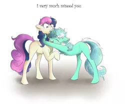 Size: 2400x2000 | Tagged: safe, artist:wacky-skiff, derpibooru import, bon bon, lyra heartstrings, sweetie drops, earth pony, pony, unicorn, chest fluff, ear fluff, female, floppy ears, happy, high res, hug, lesbian, lyrabon, missing cutie mark, misspelling, shipping