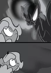 Size: 666x950 | Tagged: safe, artist:egophiliac, derpibooru import, nightmare moon, princess luna, alicorn, pony, moonstuck, angry, ask, dark woona, filly, frown, glare, grayscale, monochrome, nightmare woon, raised hoof, surprised, tumblr, wide eyes, woona, younger