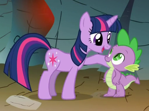 Size: 510x380 | Tagged: a dog and pony show, cropped, derpibooru import, dragon, safe, screencap, spike, twilight sparkle