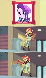 Size: 554x942 | Tagged: safe, derpibooru import, edit, edited screencap, screencap, starlight glimmer, sunset shimmer, equestria girls, angry, beanie, bust, clothes, female, frown, gritted teeth, hat, mare, meme, portrait, screencap comic, smiling, smirk, solo, throwing, trash can, your waifu is trash