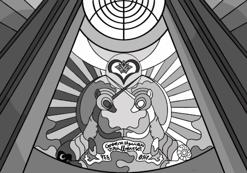 Size: 500x350 | Tagged: artist:dantheman, black and white, canterlot, canterlot castle, castle, ceiling, crown, derpibooru import, equestrian, fanfic, fanfic art, fanfic:chrysalis visits the hague, fimfiction, fimfiction.net link, glass, grayscale, heart, hoofbump, jewelry, monochrome, palace, pillar, regalia, royal guard, safe, scroll, stained glass, window, writing