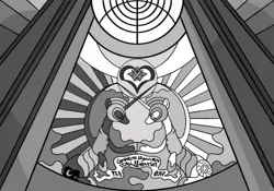 Size: 500x350 | Tagged: artist:dantheman, black and white, canterlot, canterlot castle, castle, ceiling, crown, derpibooru import, equestrian, fanfic, fanfic art, fanfic:chrysalis visits the hague, fimfiction, fimfiction.net link, glass, grayscale, heart, hoofbump, jewelry, monochrome, palace, pillar, regalia, royal guard, safe, scroll, stained glass, window, writing