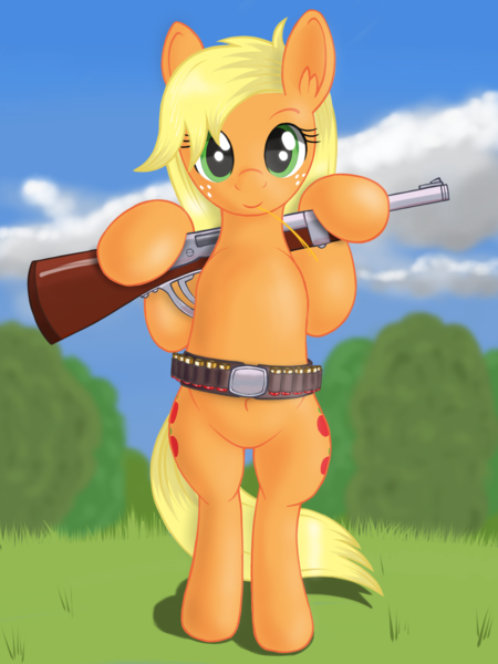 Size: 1536x2048 | Tagged: safe, artist:negasun, derpibooru import, applejack, pony, belt, bipedal, both cutie marks, cloud, freckles, grass, gun, looking at you, missing accessory, shotgun, sky, smiling, solo, weapon