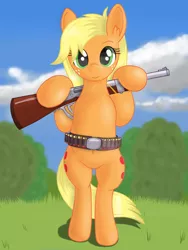 Size: 1536x2048 | Tagged: safe, artist:negasun, derpibooru import, applejack, pony, belt, bipedal, both cutie marks, cloud, freckles, grass, gun, looking at you, missing accessory, shotgun, sky, smiling, solo, weapon