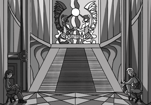 Size: 500x350 | Tagged: safe, artist:dantheman, derpibooru import, princess celestia, princess luna, alicorn, human, pony, fanfic, fanfic:chrysalis visits the hague, armor, black and white, canterlot, canterlot castle, castle, chair, clothes, contrast, door, fanfic art, female, fimfiction, fimfiction.net link, glass, grayscale, helmet, hoofbump, human in equestria, looking at each other, mare, monochrome, mosaic, palace, pillar, royal guard, royal guard armor, scroll, sitting, smiling, stained glass, staircase, suit, sweater, tile, tired, waiting, window, woman