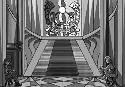 Size: 500x350 | Tagged: safe, artist:dantheman, derpibooru import, princess celestia, princess luna, alicorn, human, pony, fanfic, fanfic:chrysalis visits the hague, armor, black and white, canterlot, canterlot castle, castle, chair, clothes, contrast, door, fanfic art, female, fimfiction, fimfiction.net link, glass, grayscale, helmet, hoofbump, human in equestria, looking at each other, mare, monochrome, mosaic, palace, pillar, royal guard, royal guard armor, scroll, sitting, smiling, stained glass, staircase, suit, sweater, tile, tired, waiting, window, woman