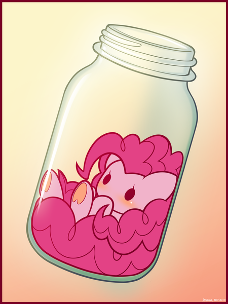 Size: 1125x1500 | Tagged: safe, artist:symbianl, derpibooru import, pinkie pie, pony, blushing, chibi, cute, diapinkes, female, gradient background, jar, jar of pony, micro, pony in a bottle, solo, symbianl is trying to murder us, symbianl's chibis, tiny ponies, underhoof