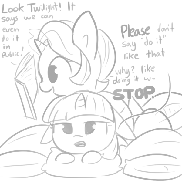 Size: 1080x1080 | Tagged: safe, artist:tjpones, derpibooru import, starlight glimmer, twilight sparkle, twilight sparkle (alicorn), alicorn, pony, unicorn, book, dialogue, duo, duo female, female, floppy ears, grayscale, lying on top of someone, mare, monochrome, pillow, platonic, platonic cuddling, reading, simple background, white background