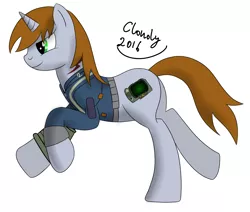 Size: 3650x3100 | Tagged: safe, artist:cloudy95, derpibooru import, oc, oc:littlepip, unofficial characters only, pony, unicorn, fallout equestria, fallout, female, high res, mare, pipbuck, running, simple background, solo, vault suit, white background