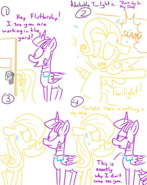 Size: 4779x6013 | Tagged: safe, artist:adorkabletwilightandfriends, derpibooru import, fluttershy, twilight sparkle, twilight sparkle (alicorn), alicorn, pony, .mov, comic:adorkable twilight and friends, shed.mov, absurd resolution, adorkable twilight, clothes, comic, lineart, pony.mov, scarf, shed, slice of life