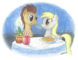 Size: 975x750 | Tagged: safe, artist:videogamer-phil, derpibooru import, derpy hooves, doctor whooves, time turner, earth pony, pegasus, pony, :t, candle, cute, doctorderpy, eating, eye contact, female, food, lady and the tramp, looking at each other, male, mare, pasta, shipping, smiling, spaghetti, spaghetti scene, stallion, straight, table, traditional art