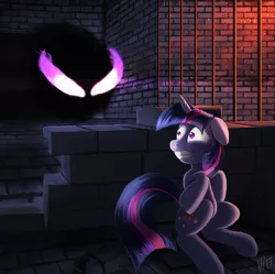 Size: 1900x1896 | Tagged: semi-grimdark, artist:jphyperx, derpibooru import, twilight sparkle, pony, unicorn, bars, dark magic, eye mist, fan game, floppy ears, glow, glowing eyes, gritted teeth, hiding, image, labyrinth, magic, monster, not king sombra, not sombra, not umbrum, png, scared, shadow creature, smoke, solo, twilight escape, unicorn twilight, wide eyes