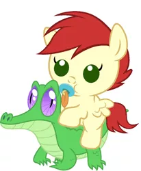 Size: 836x1017 | Tagged: safe, artist:red4567, derpibooru import, care package, gummy, special delivery, pony, baby, baby pony, cute, pacifier, ponies riding gators, riding