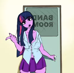 Size: 749x731 | Tagged: suggestive, artist:storyteller, color edit, derpibooru import, edit, twilight sparkle, equestria girls, 4chan, beckoning, bedroom eyes, bimbo, bimbo sparkle, breasts, busty twilight sparkle, cleavage, clothes, colored, come hither, door, eyeshadow, female, lipstick, makeup, nail polish, shirt, skirt, solo, solo female