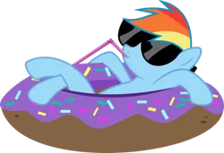 Size: 1082x739 | Tagged: dead source, safe, artist:missbeigepony, derpibooru import, rainbow dash, pegasus, pony, pinkie pride, donut, floaty, food, inner tube, simple background, solo, straw, sunglasses, transparent background, vector