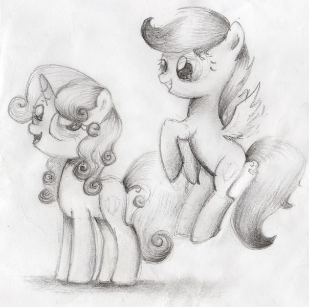 Size: 4906x4873 | Tagged: dead source, safe, artist:songbirdserenade, derpibooru import, scootaloo, sweetie belle, pegasus, pony, unicorn, absurd resolution, cute, cutealoo, diasweetes, female, filly, flying, grayscale, grin, looking back, monochrome, scootaloo can fly, simple background, sketch, smiling, spread wings, squee, traditional art, white background, wings