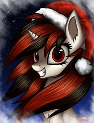 Size: 554x727 | Tagged: safe, artist:setharu, derpibooru import, oc, oc:blackjack, unofficial characters only, pony, fallout equestria, christmas, cute, ear fluff, female, grin, hat, holiday, image, long mane, looking at you, mare, night, outdoors, png, santa hat, shooting star, signature, sky, smiling, solo, stars, windswept mane, winter