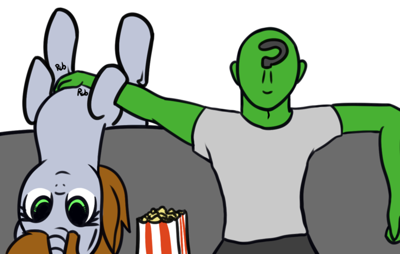 Size: 1280x812 | Tagged: safe, artist:neuro, derpibooru import, oc, oc:anon, oc:littlepip, unofficial characters only, human, pony, unicorn, fallout equestria, bellyrubs, couch, cute, female, food, mare, on back, popcorn, simple background, sound effects, transparent background, upside down