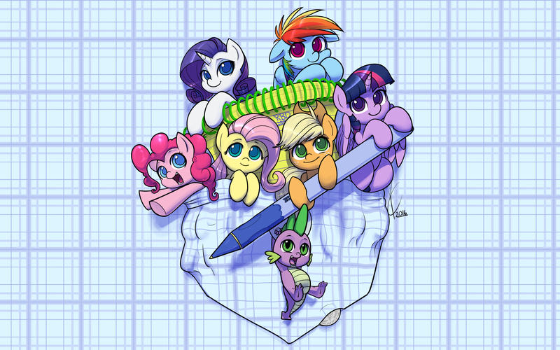 Size: 3200x2000 | Tagged: safe, artist:valcron, derpibooru import, applejack, fluttershy, pinkie pie, rainbow dash, rarity, spike, twilight sparkle, twilight sparkle (alicorn), alicorn, dragon, earth pony, pegasus, pony, unicorn, clothes, coin, colored pupils, cute, dashabetes, diapinkes, female, floppy ears, folded wings, hanging, hnnng, horn, jackabetes, looking at you, male, mane seven, mane six, mare, notebook, notepad, pen, pocket, pocket pony, raribetes, shirt, shyabetes, signature, small, smiling, spikabetes, swinging, tiny ponies, twiabetes, wallpaper, wings