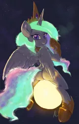Size: 850x1329 | Tagged: suggestive, artist:raikoh, derpibooru import, princess celestia, alicorn, pony, semi-anthro, arm hooves, crown, ethereal mane, ethereal tail, female, flowing mane, flowing tail, giant pony, grin, hoof shoes, jewelry, lighting, looking at you, looking back, macro, mare, multicolored mane, multicolored tail, plot, pony bigger than a planet, praise the sun, regalia, signature, smiling, solo, solo female, space, straddling, sun, sunbutt, tangible heavenly object, tiara