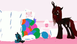 Size: 500x288 | Tagged: safe, artist:mixermike622, derpibooru import, queen chrysalis, oc, oc:fluffle puff, oc:marksaline, animated, atomic bomb, balloon, boop, canon x oc, chrysipuff, couch, doll, explosion, female, fun cave, gif, lesbian, nuclear explosion, nuclear weapon, shipping, static electricity, toy, tsar bomba, varying degrees of want, weapon, weapons-grade boop