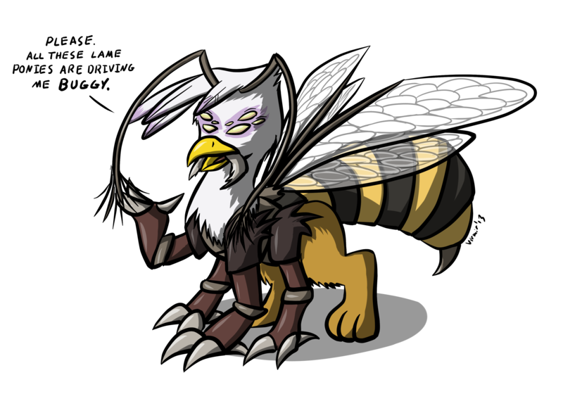 Size: 3289x2371 | Tagged: safe, artist:virmir, derpibooru import, gilda, gryphon, insect, wasp, fluffy, fusion, multiple eyes, open mouth, pun, simple background, solo, species swap, stinger, transparent background, wat