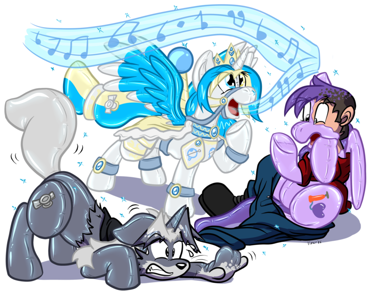 Size: 3500x2836 | Tagged: safe, artist:virmir, derpibooru import, oc, oc:princess toytime, oc:radioactive toast, oc:sweetsqueaks, oc:trask, oc:virmare, oc:virmir, unofficial characters only, alicorn, human, inflatable pony, latex pony, original species, pony, pooltoy pony, air valve, alicorn oc, anthro to pony, furry, furry to pony, heterochromia, human to pony, image, inflatable, inflatable tf, latex, latex suit, liquid latex, png, seams, simple background, singing, sparkles, species swap, transformation, transgender transformation, transparent background, underhoof