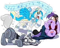 Size: 3500x2836 | Tagged: safe, artist:virmir, derpibooru import, oc, oc:princess toytime, oc:radioactive toast, oc:sweetsqueaks, oc:trask, oc:virmare, oc:virmir, unofficial characters only, alicorn, human, inflatable pony, latex pony, original species, pony, pooltoy pony, air valve, alicorn oc, anthro to pony, furry, furry to pony, heterochromia, human to pony, image, inflatable, inflatable tf, latex, latex suit, liquid latex, png, seams, simple background, singing, sparkles, species swap, transformation, transgender transformation, transparent background, underhoof