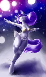 Size: 1024x1707 | Tagged: suggestive, artist:foxwhee, derpibooru import, rarity, anthro, unguligrade anthro, unicorn, armpits, beautiful, belly button, belly dancer, bellyring, bra, breasts, clothes, dancing, dancity, female, jewelry, lineless, miniskirt, piercing, skirt, skirt lift, solo, solo female, stars, underwear