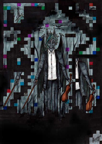 Size: 1742x2459 | Tagged: artist:stirren, derpibooru import, error, glitch, glitch art, oc, oc:duke foxford, safe, solo, standing, traditional art, unofficial characters only, violin