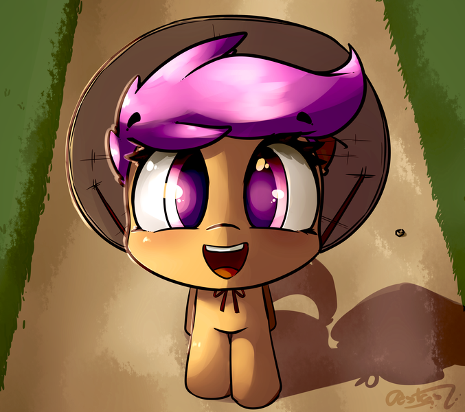Size: 3708x3288 | Tagged: safe, artist:bloodatius, derpibooru import, scootaloo, pegasus, pony, conical hat, cute, cutealoo, female, filly, hat, looking at you, open mouth, pathway, shadow, smiling, solo