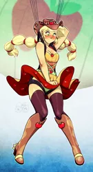 Size: 647x1200 | Tagged: suggestive, artist:my pet tentacle monster, derpibooru import, applejack, equestria girls, friendship through the ages, blushing, boots, breasts, cleavage, clothes, commission, country applejack, covering, dress, embarrassed, embarrassed underwear exposure, falling, female, green underwear, grin, harness, high heel boots, nervous, nervous grin, panties, parachute, pigtails, skirt, skirt flip, skydiving, smiling, socks, solo, solo female, tack, thigh highs, underwear, upskirt