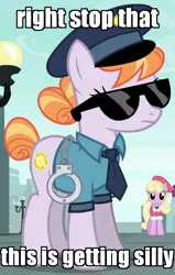 Size: 472x740 | Tagged: clothes, copper top, cuffs, derpibooru import, edit, edited screencap, hat, image macro, luckette, meme, monty python, monty python's flying circus, police pony, reaction image, safe, screencap, sunglasses, the colonel, the gift of the maud pie