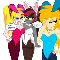 Size: 1024x1027 | Tagged: suggestive, artist:cbear624, derpibooru import, oc, oc:calvia, oc:shona lunar, oc:sinfonia krystal, unofficial characters only, equestria girls, alternate hairstyle, big breasts, bow, breasts, bunny ears, bunny suit, busty calvia, cleavage, clothes, collar, cufflinks, dialogue, female, females only, frustrated, leotard, piercing, playboy bunny, ponytail, speech bubble