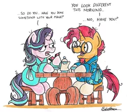 Size: 1953x1717 | Tagged: safe, artist:bobthedalek, derpibooru import, starlight glimmer, sunburst, pony, unicorn, bathrobe, bed mane, bread, clothes, dialogue, duo, female, food, male, mare, open mouth, robe, simple background, stallion, stool, table, teapot, toast, traditional art, white background, wrong color