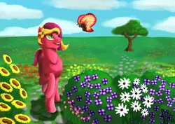 Size: 1280x905 | Tagged: safe, artist:hawkheart11, derpibooru import, oc, oc:passion fruit, unofficial characters only, butterfly, earth pony, pony, female, flower, mare, raised hoof, solo, tree