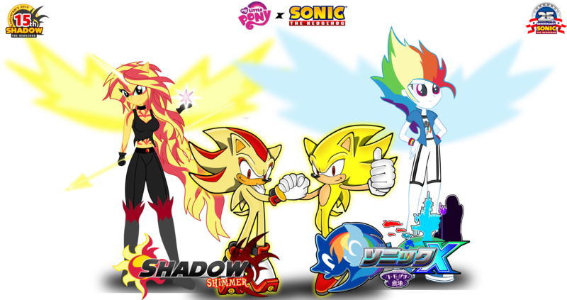 Size: 2271x1200 | Tagged: safe, artist:trungtranhaitrung, derpibooru import, rainbow dash, sunset shimmer, equestria girls, anniversary, crossover, daydream shimmer, daydream-ified, japanese, logo, my little pony logo, rivalry, shadow shimmer, shadow the hedgehog, sonic the hedgehog, sonic the hedgehog (series), super rainbow dash, super shadow, super sonic