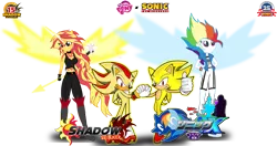 Size: 2271x1200 | Tagged: safe, artist:trungtranhaitrung, derpibooru import, rainbow dash, sunset shimmer, equestria girls, anniversary, crossover, daydream shimmer, daydream-ified, japanese, logo, my little pony logo, rivalry, shadow shimmer, shadow the hedgehog, sonic the hedgehog, sonic the hedgehog (series), super rainbow dash, super shadow, super sonic