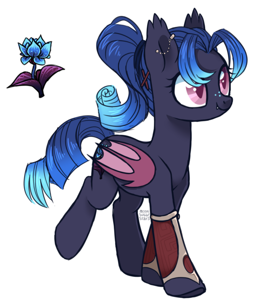 Size: 2332x2736 | Tagged: safe, artist:hawthornss, derpibooru import, oc, oc:starlight rose, ponified, unofficial characters only, bat pony, pony, clothes, cute, cute little fangs, cutie mark, ear piercing, earring, fangs, flower, freckles, jewelry, piercing, ponytail, raised leg, simple background, smiling, solo, transparent background, underhoof, warcraft, world of warcraft