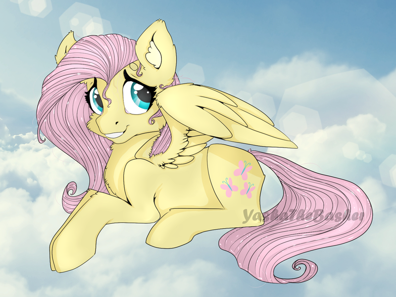 Size: 1400x1050 | Tagged: artist:yashathebasher, cloud, derpibooru import, fluttershy, prone, safe, signature, solo