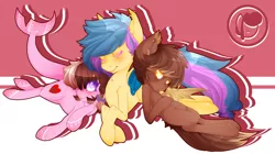 Size: 1280x718 | Tagged: safe, artist:anithedrawist, derpibooru import, oc, oc:ashee, oc:phyra, oc:scotch, unofficial characters only, bat pony, original species, shark, shark pony, blushing, crossed hooves, eyes closed, looking at you, on back, prone, smiling, worried