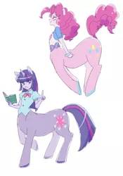 Size: 700x1000 | Tagged: safe, artist:misochikin, derpibooru import, pinkie pie, twilight sparkle, centaur, horse, human, taur, equestria girls, book, duo, female, pixiv, ponytaur, that pony sure does love books